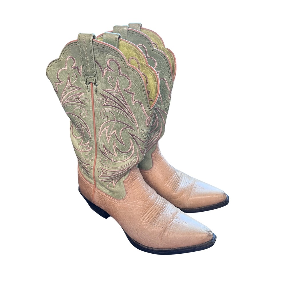 Ariat Womens Western Cowboy Boots Tan Sage Green Leather Embroidered Size 6.5 B‎